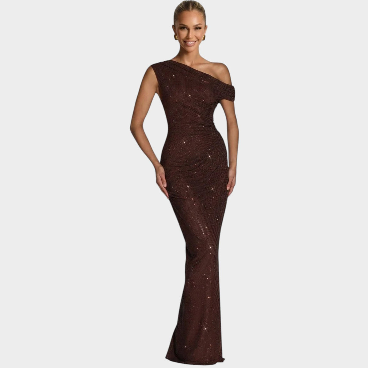 Women’s One-Shoulder Ruched Maxi Dress with Sequin Finish