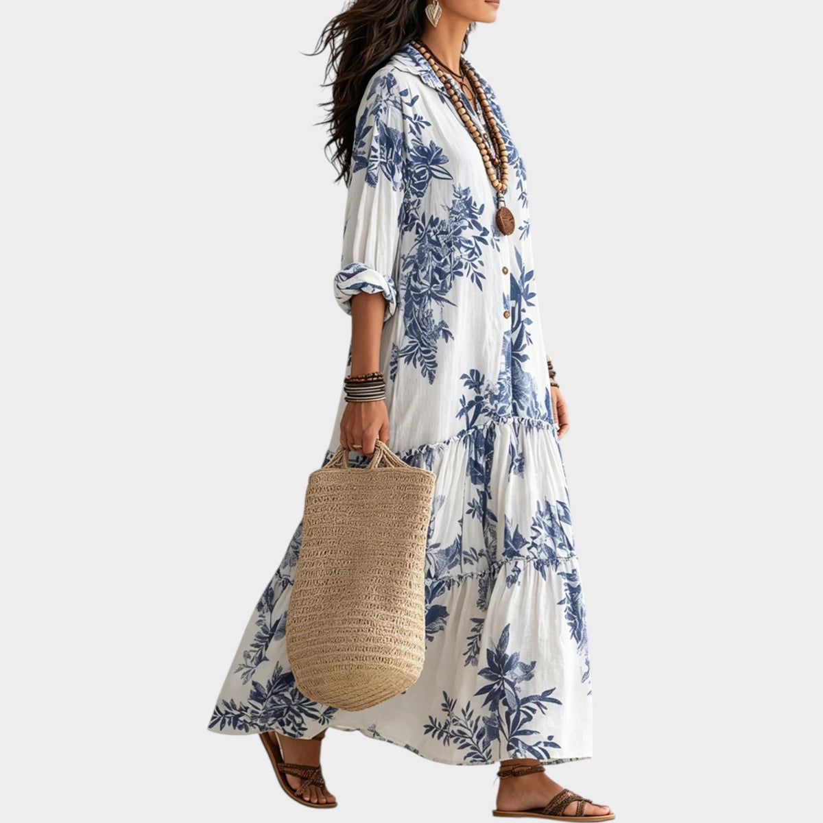 Women’s Floral Maxi Dress with Button-Down Front and Relaxed Fit