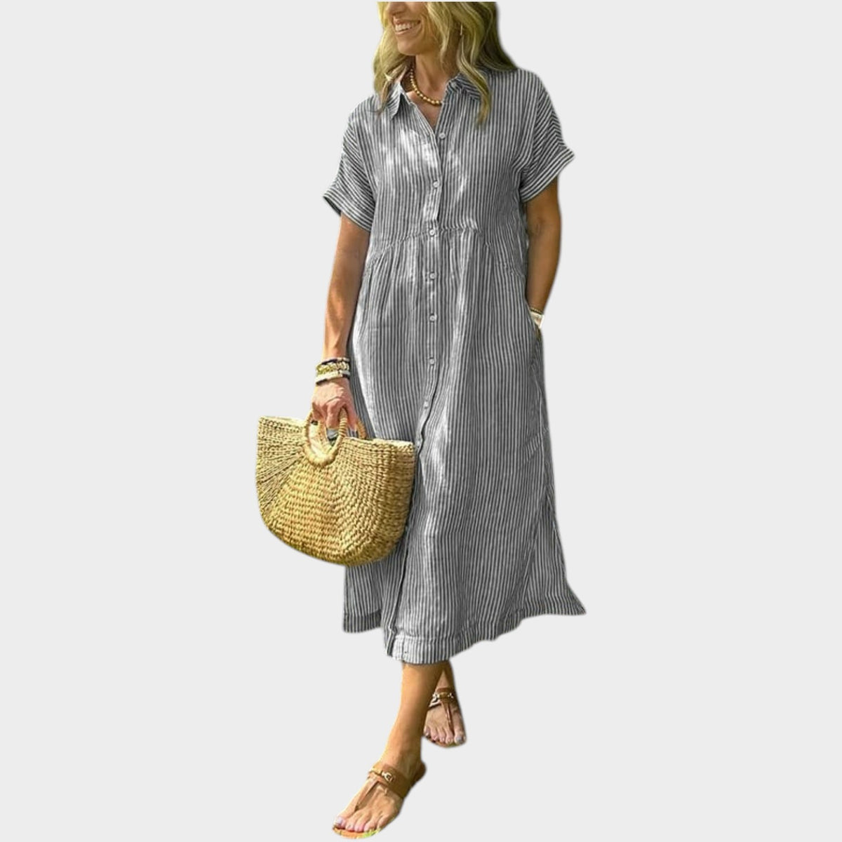 Women’s Striped Maxi Shirt Dress Lapel Collar Button Front