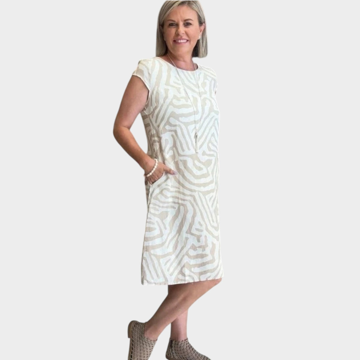 Women’s Abstract Print Midi Dress with Round Neck and Side Pockets