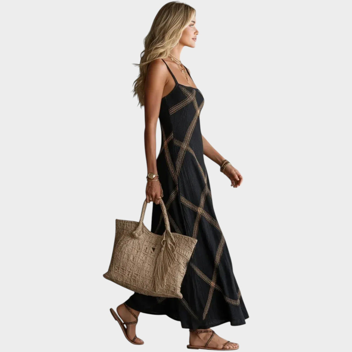 Women’s Geometric Print Maxi Dress with Square Neckline