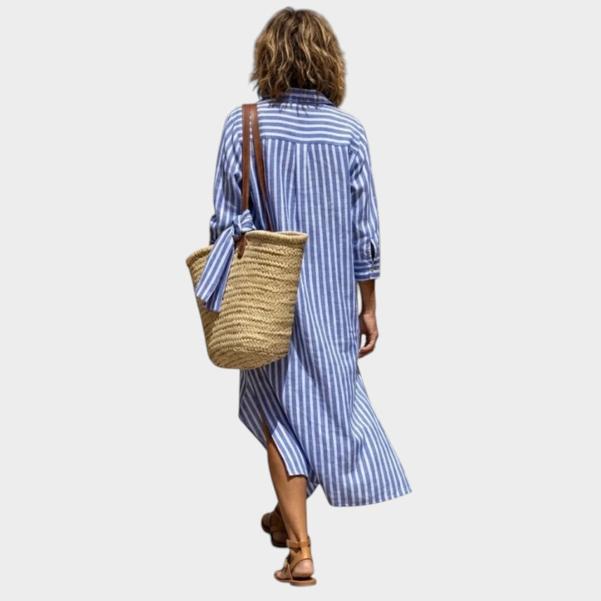 Women’s Striped Midi Shirt Dress Button Front 3/4 Sleeves