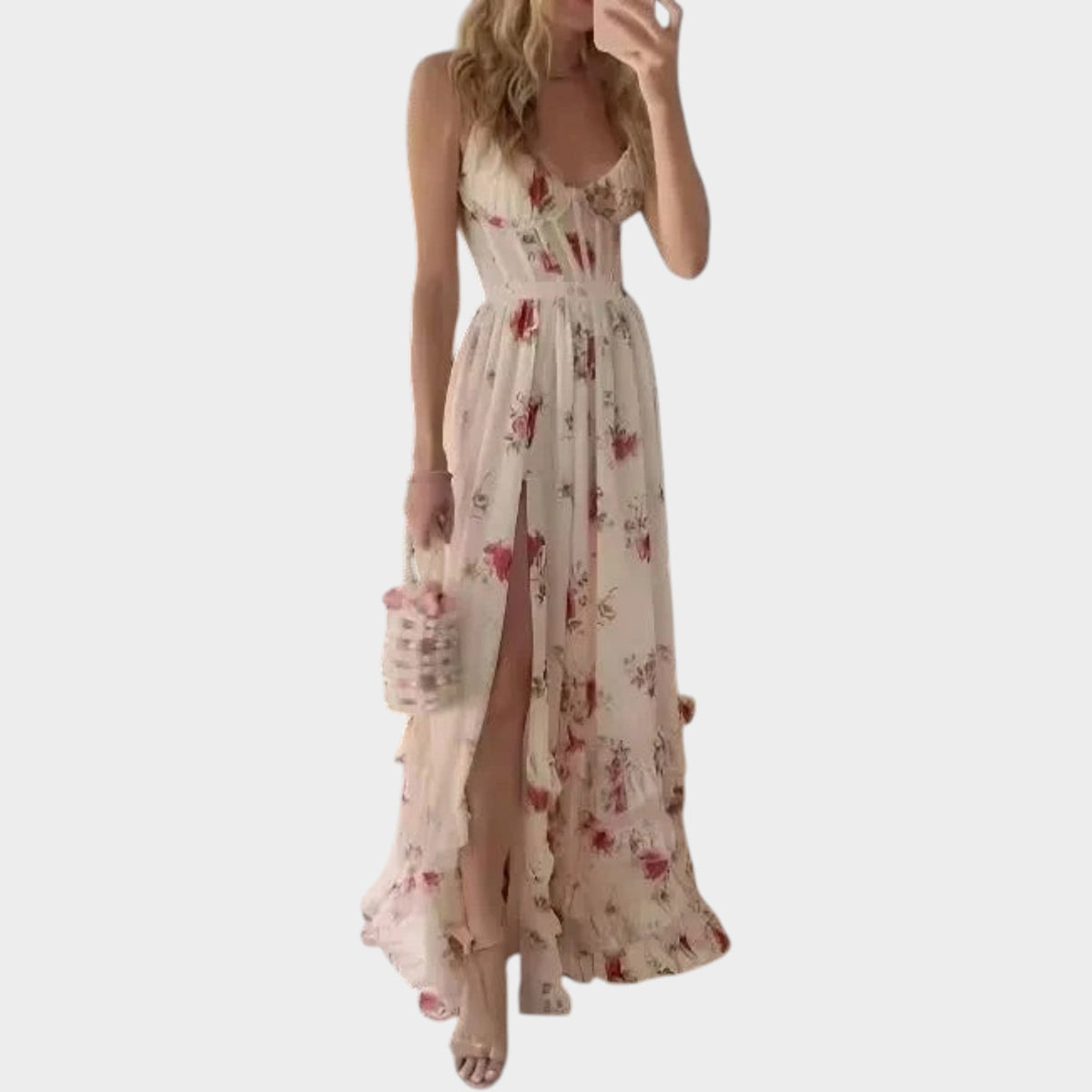 Women’s Floral Maxi Dress with Spaghetti Straps, Ruched Bodice and High Side Slit