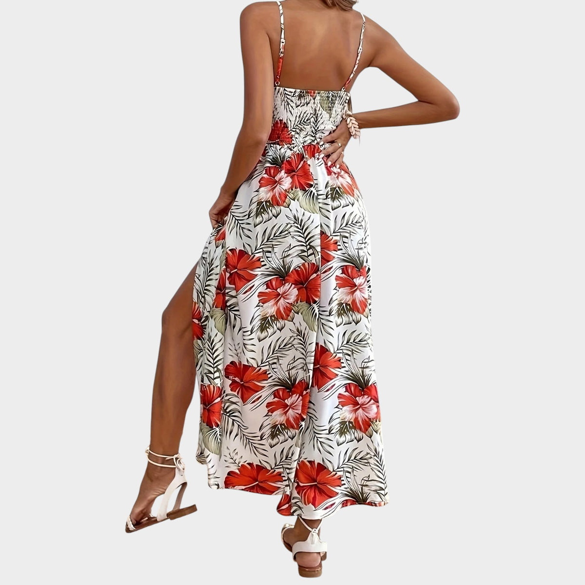 Women’s Floral Maxi Dress with Spaghetti Straps, Crochet Waist and Side Slit