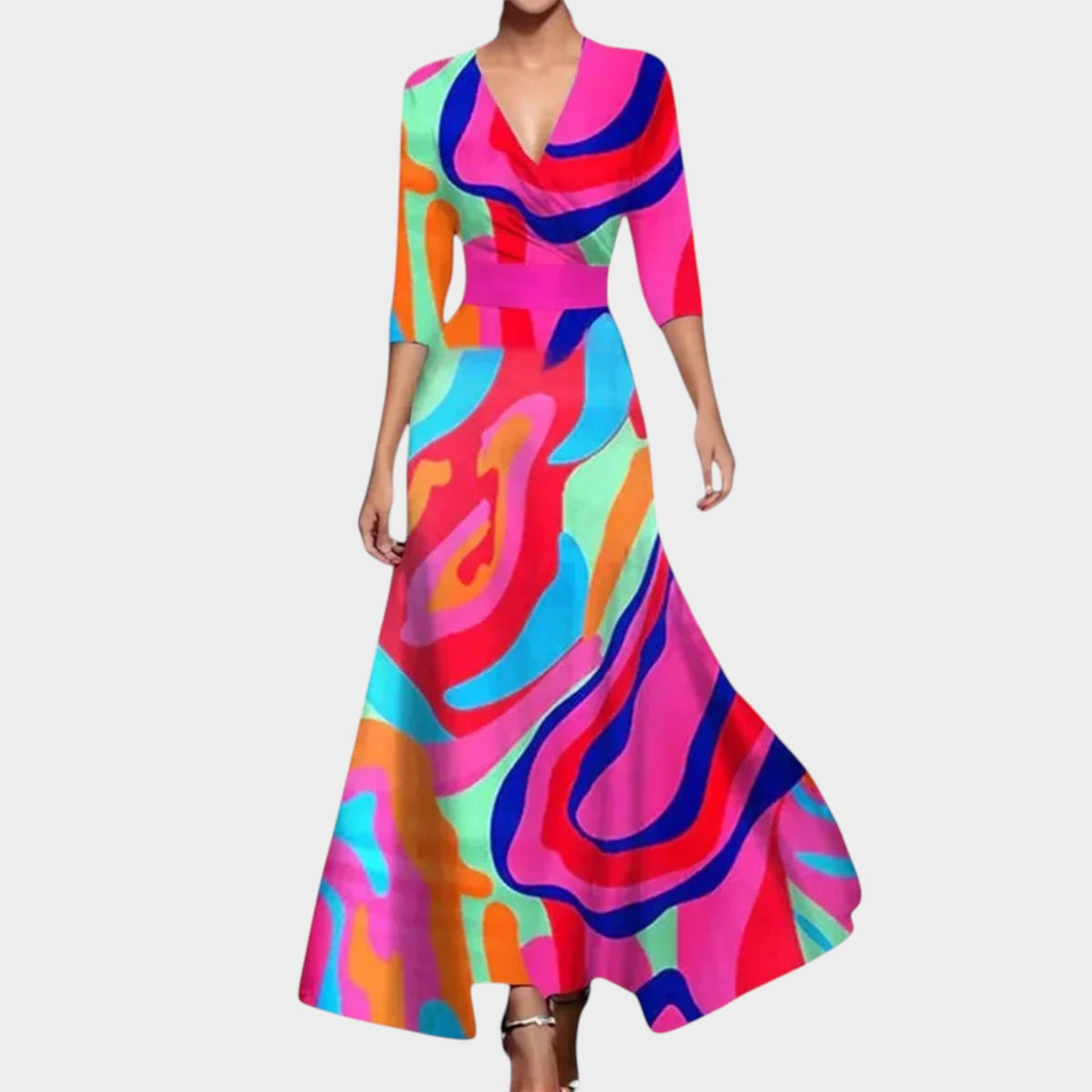 Women’s Floral Wrap Maxi Dress with V-Neck and Three-Quarter Sleeves