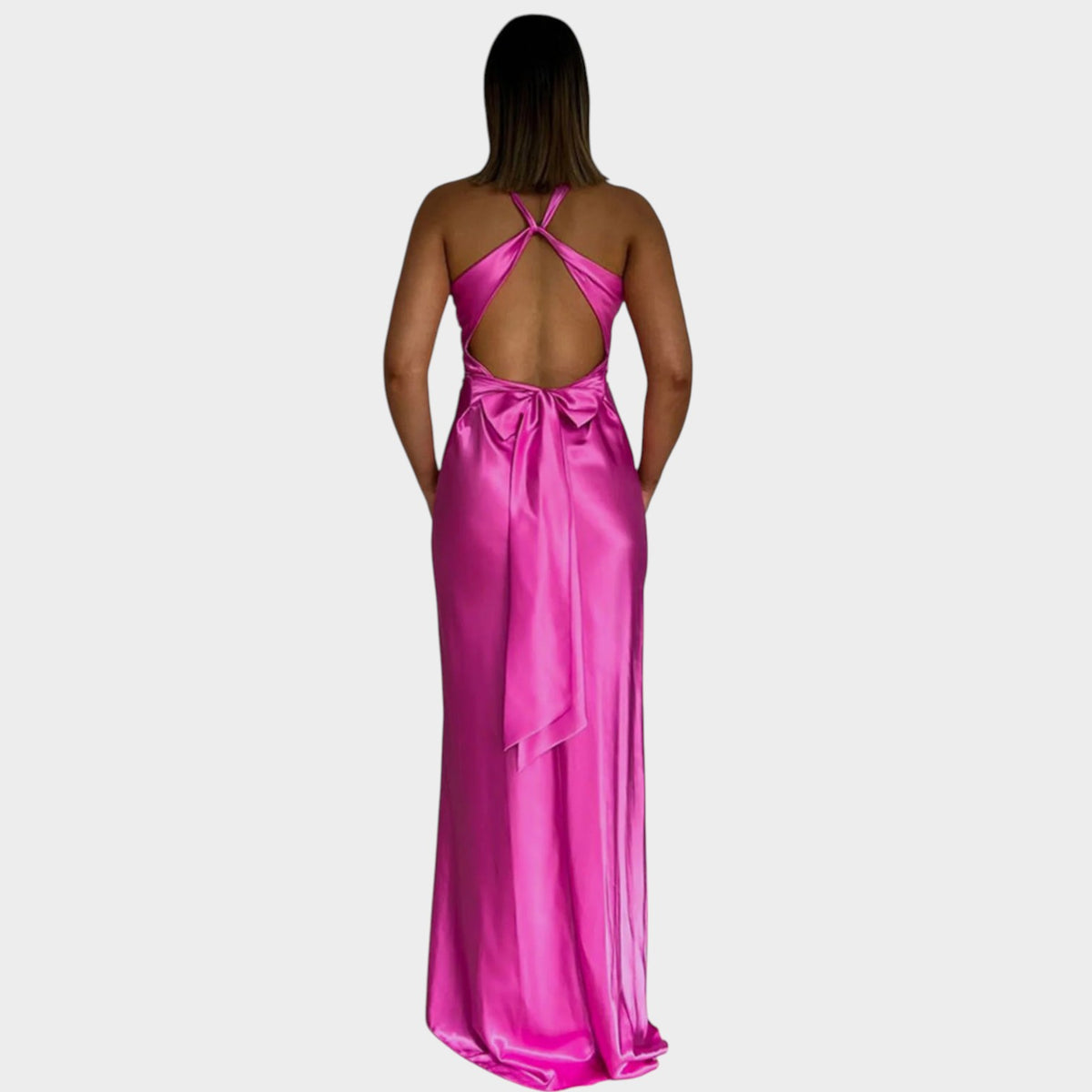 Women’s Satin Maxi Dress with Twisted Front and Open Back