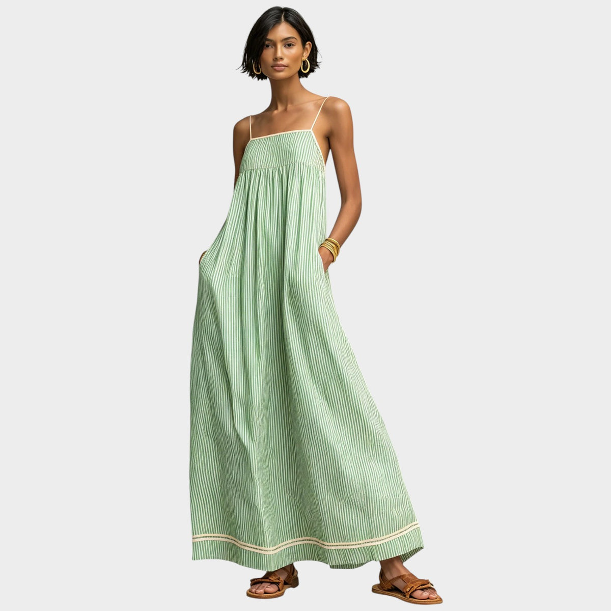 Women’s Striped Maxi Dress with Spaghetti Straps and Red Trim