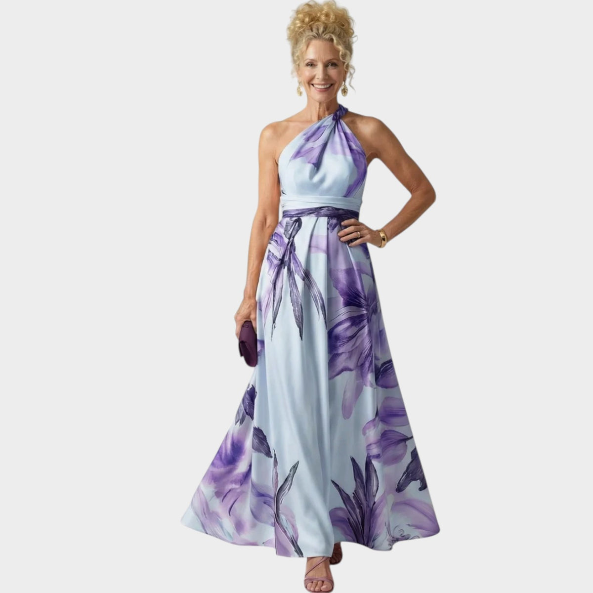 Women’s Floral Maxi Dress with Halter Neckline and Defined Waist