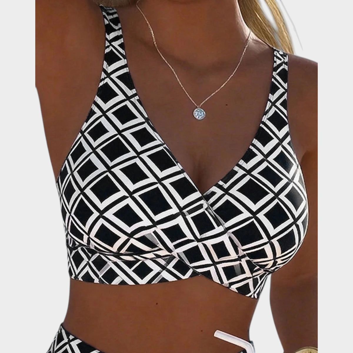 Women’s Bikini Set Check Print Wireless Bra High-Waisted Bottoms