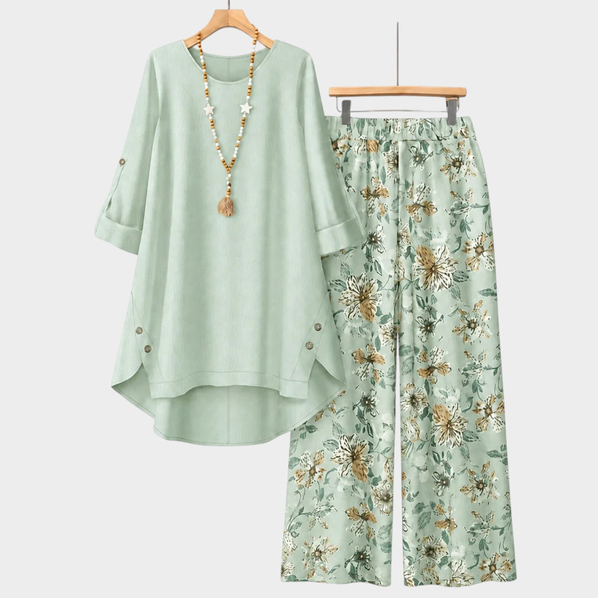 Women’s Two-Piece Set with Button-Tab Top and Floral Wide-Leg Trousers