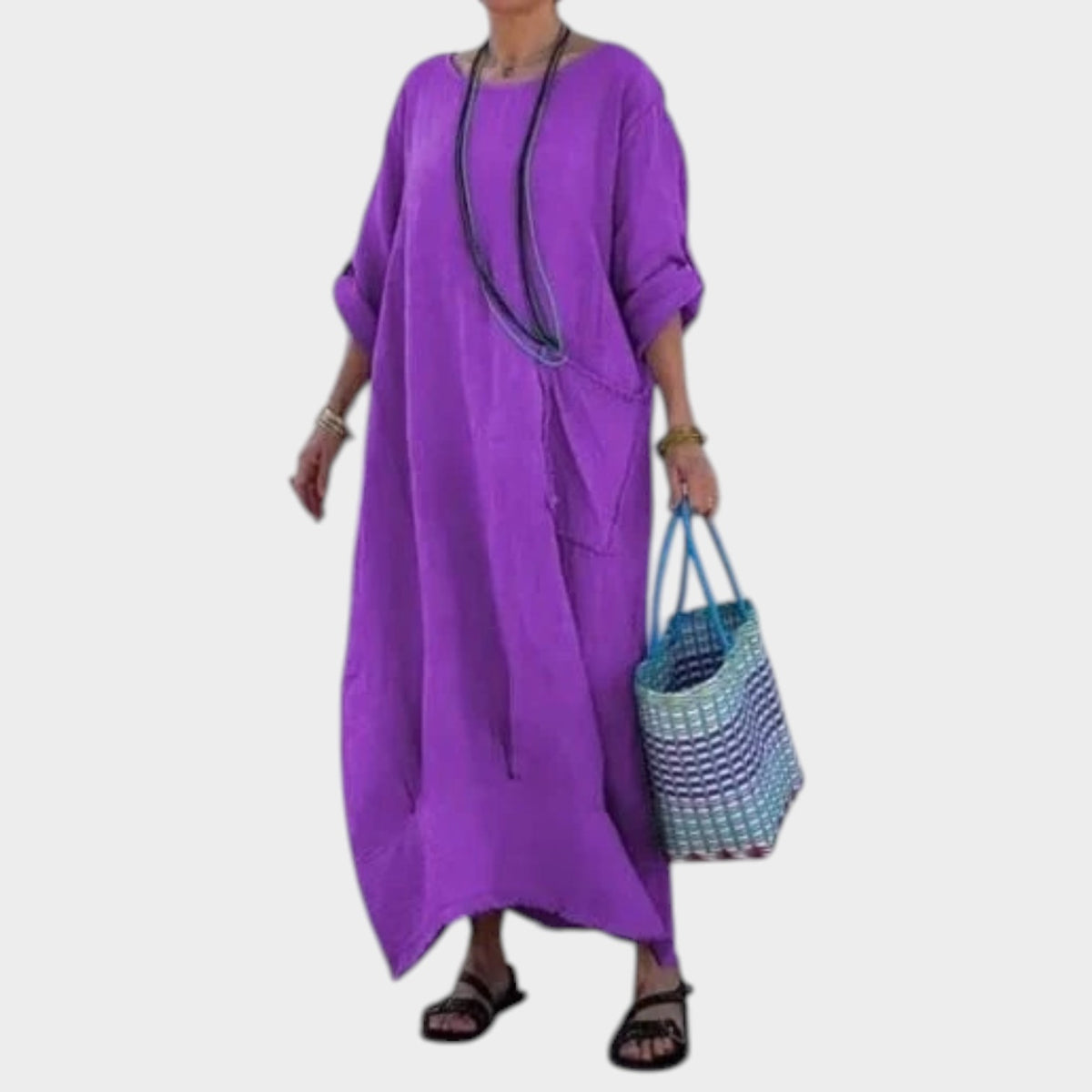 Women’s Oversized Maxi Dress with Rolled Sleeves and Side Patch Pocket