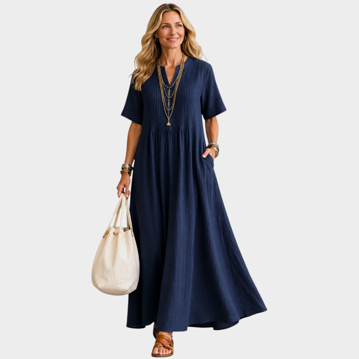 Women’s Pleated V-Neck Maxi Dress with Short Sleeves and Side Pockets