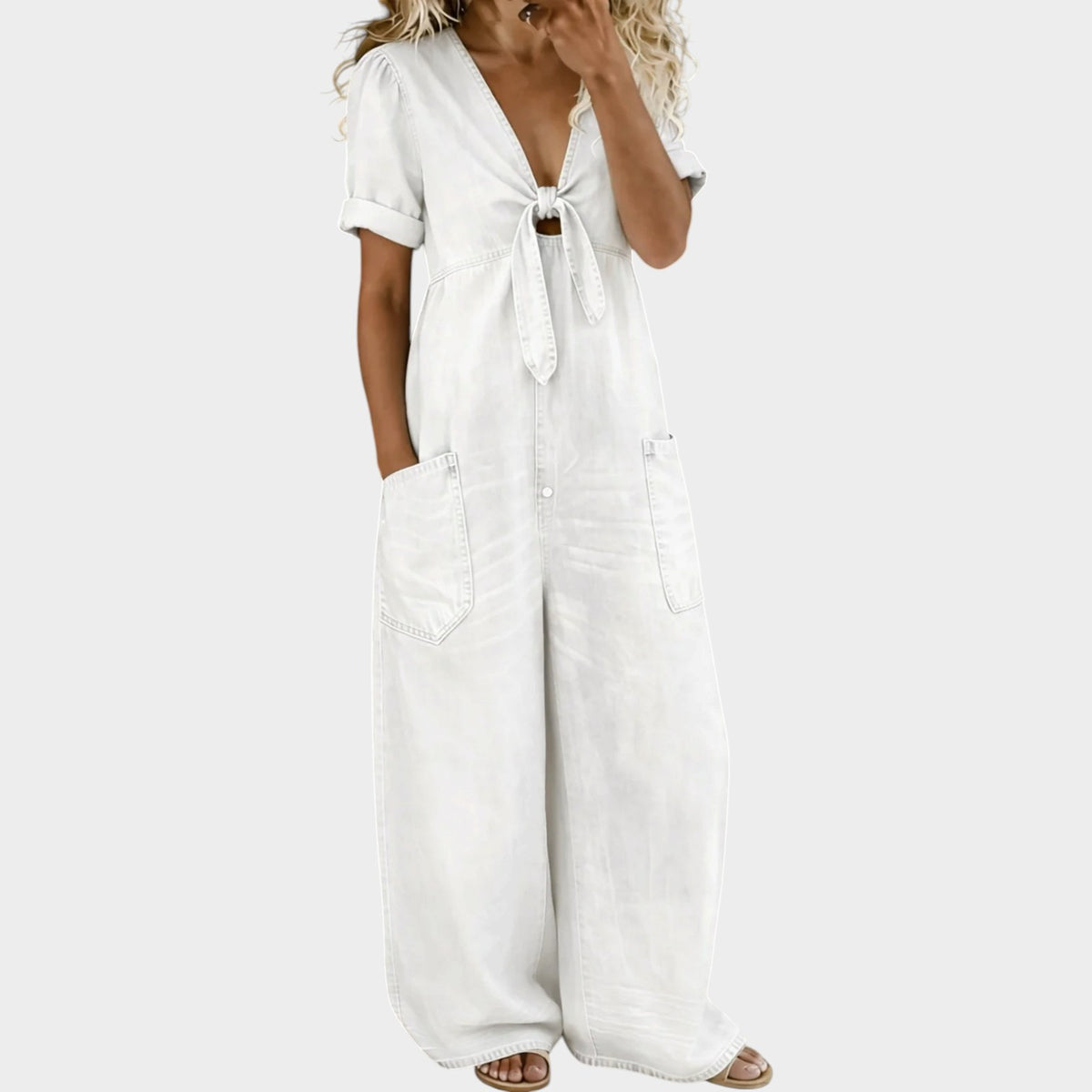 Women’s Denim V-Neck Jumpsuit with Short Sleeves and Wide Legs