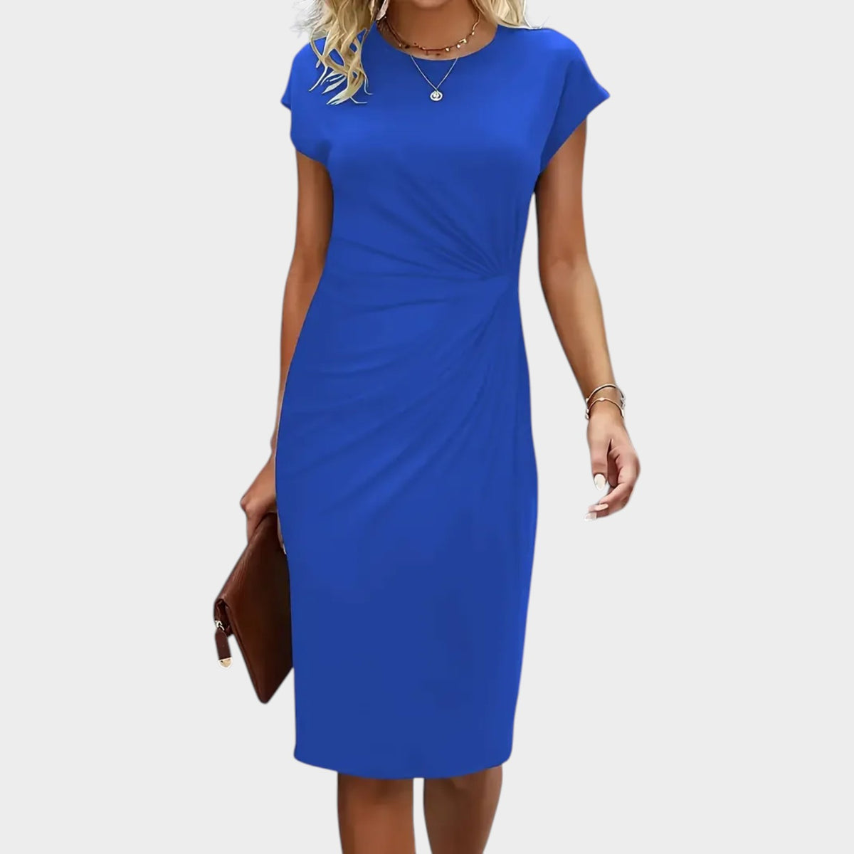 Women’s Midi Dress with Round Neck and Ruched Waist Detail