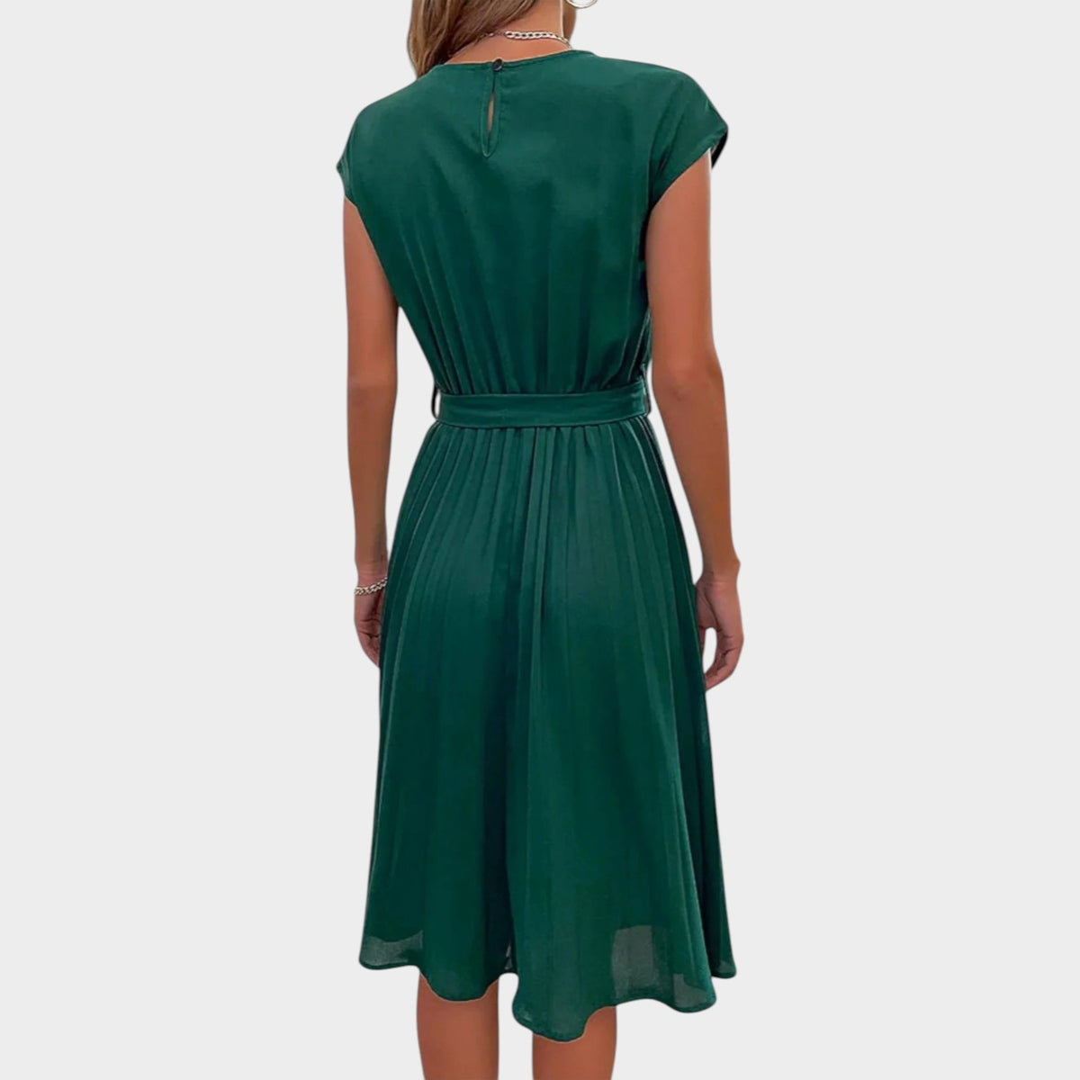 Women’s Pleated Midi Dress with Short Sleeves and Waist Tie
