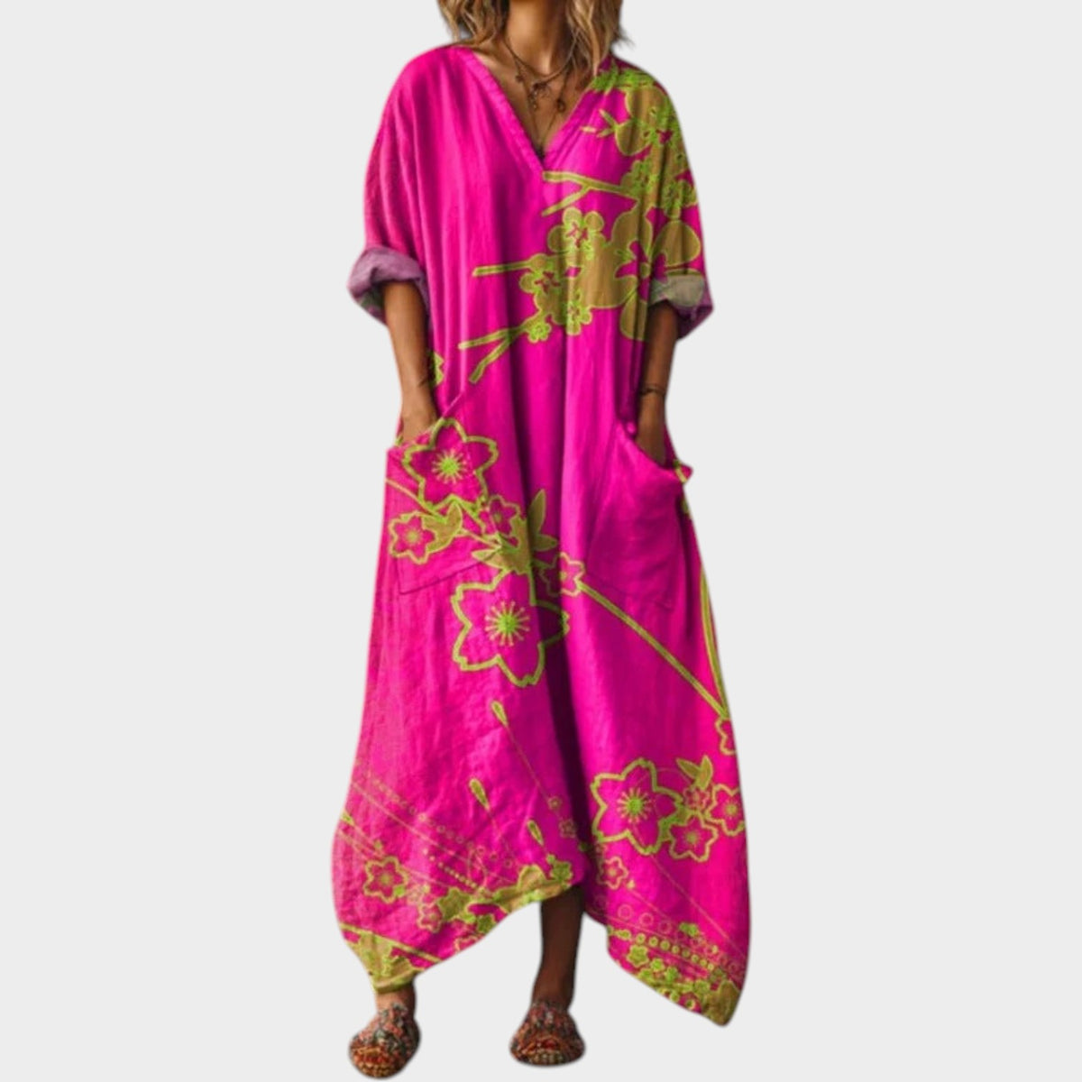 Women’s Boho Midi Dress with Long Sleeves, Vintage Print and Side Pockets