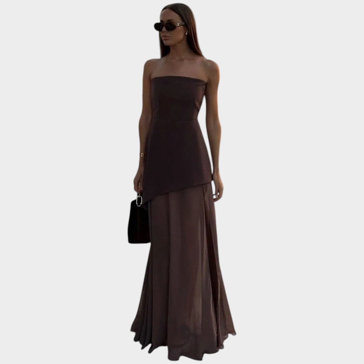 Women’s Strapless Mesh Maxi Dress with Asymmetric Hem