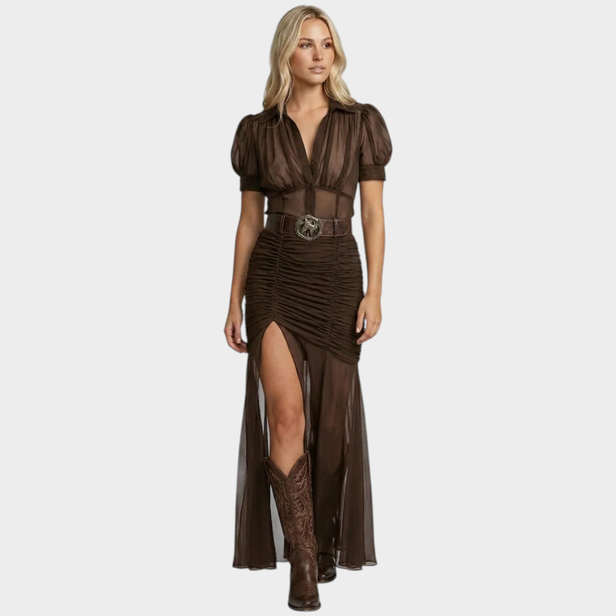 Women’s Sheer Maxi Dress with Puff Sleeves, Ruched Skirt and Thigh-High Split