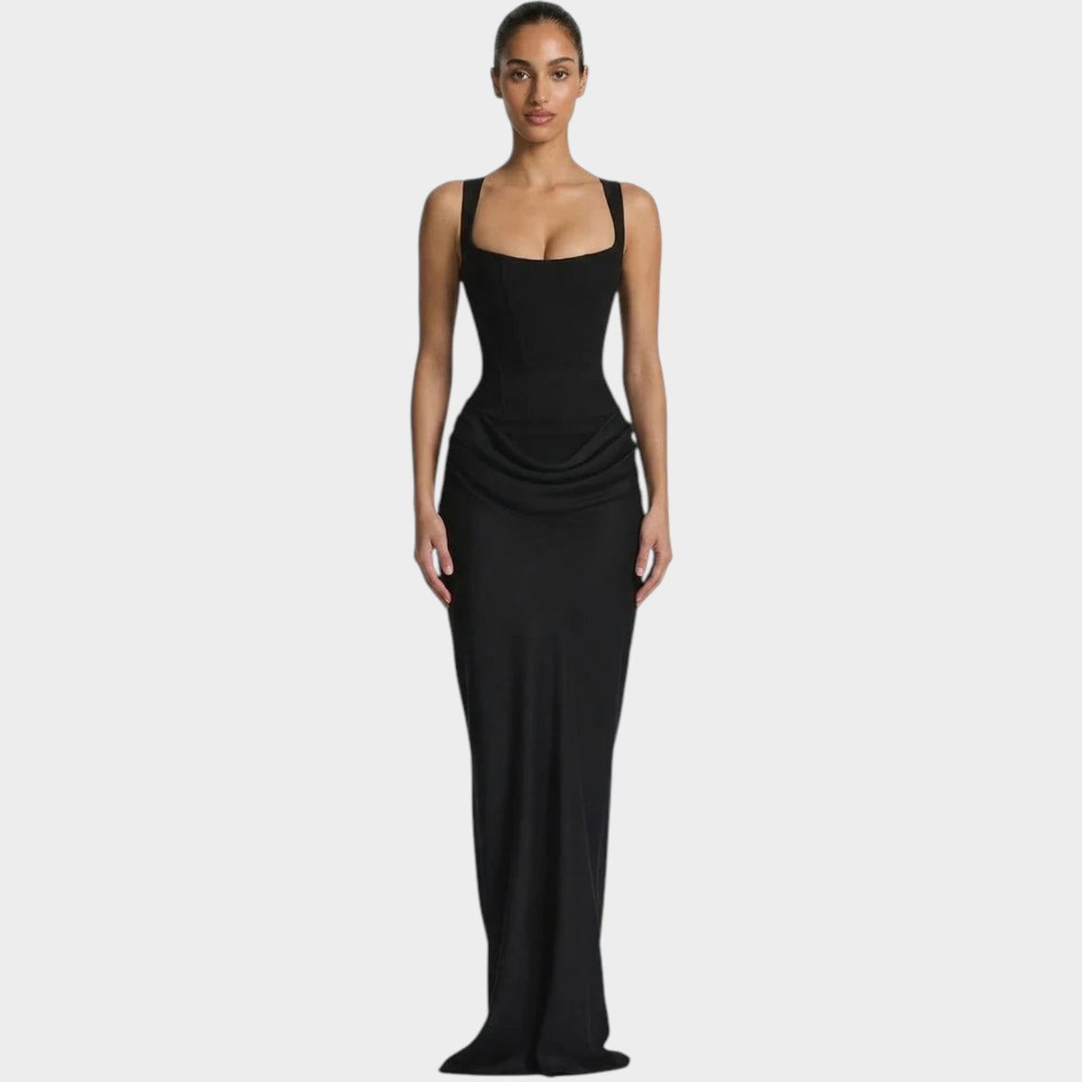 Women’s Corset Maxi Dress with Square Neckline, Draped Skirt and Lace-Up Back