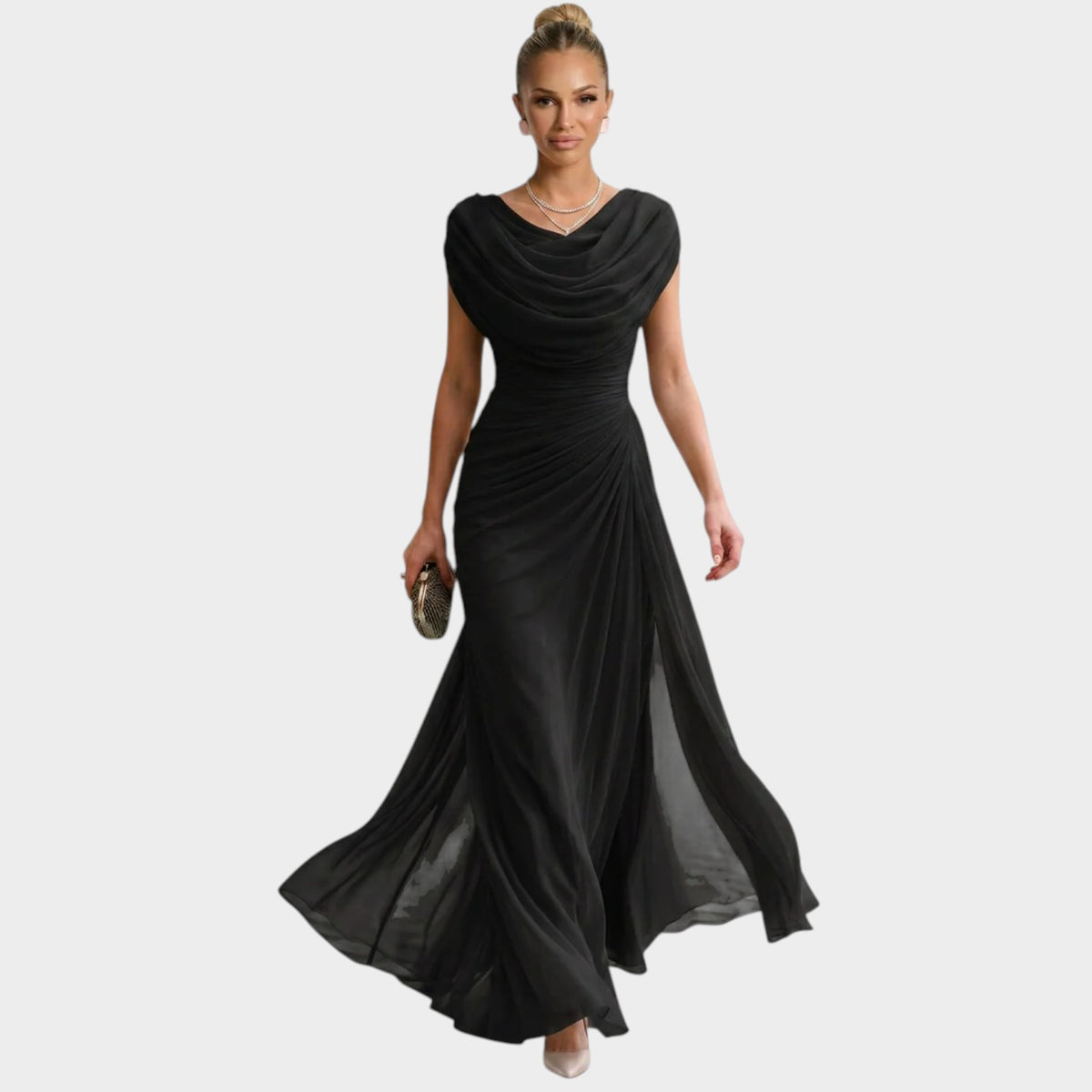 Women’s Maxi Dress with Draped Cowl Neck Ruched Waist
