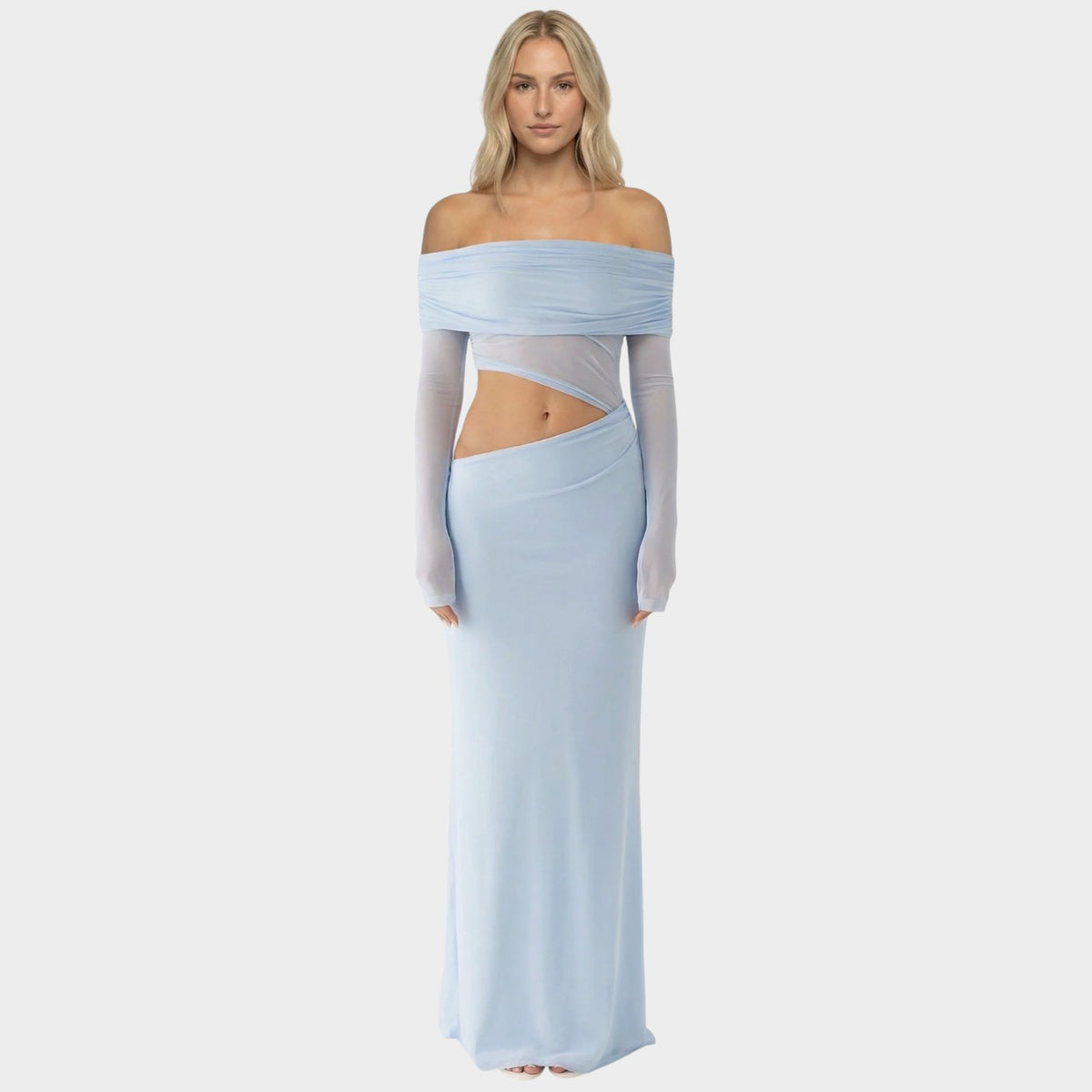 Women’s Off-Shoulder Maxi Dress with Sheer Long Sleeves and Side Cut-Outs