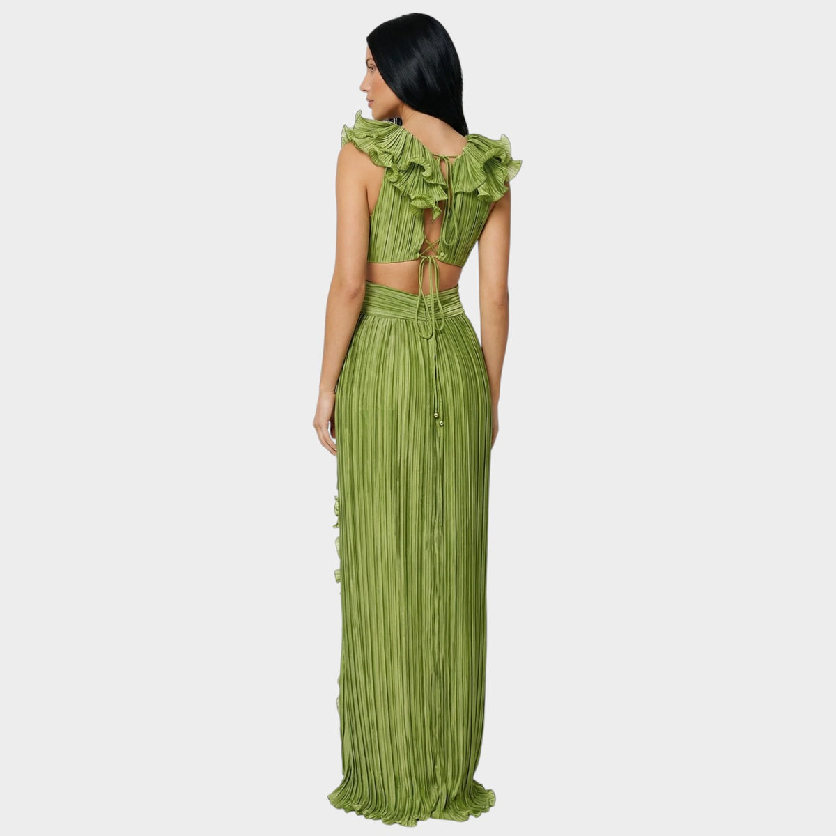 Women’s Pleated Maxi Dress with Deep V-Neck, Waist Cut-Outs and Ruffle Trim