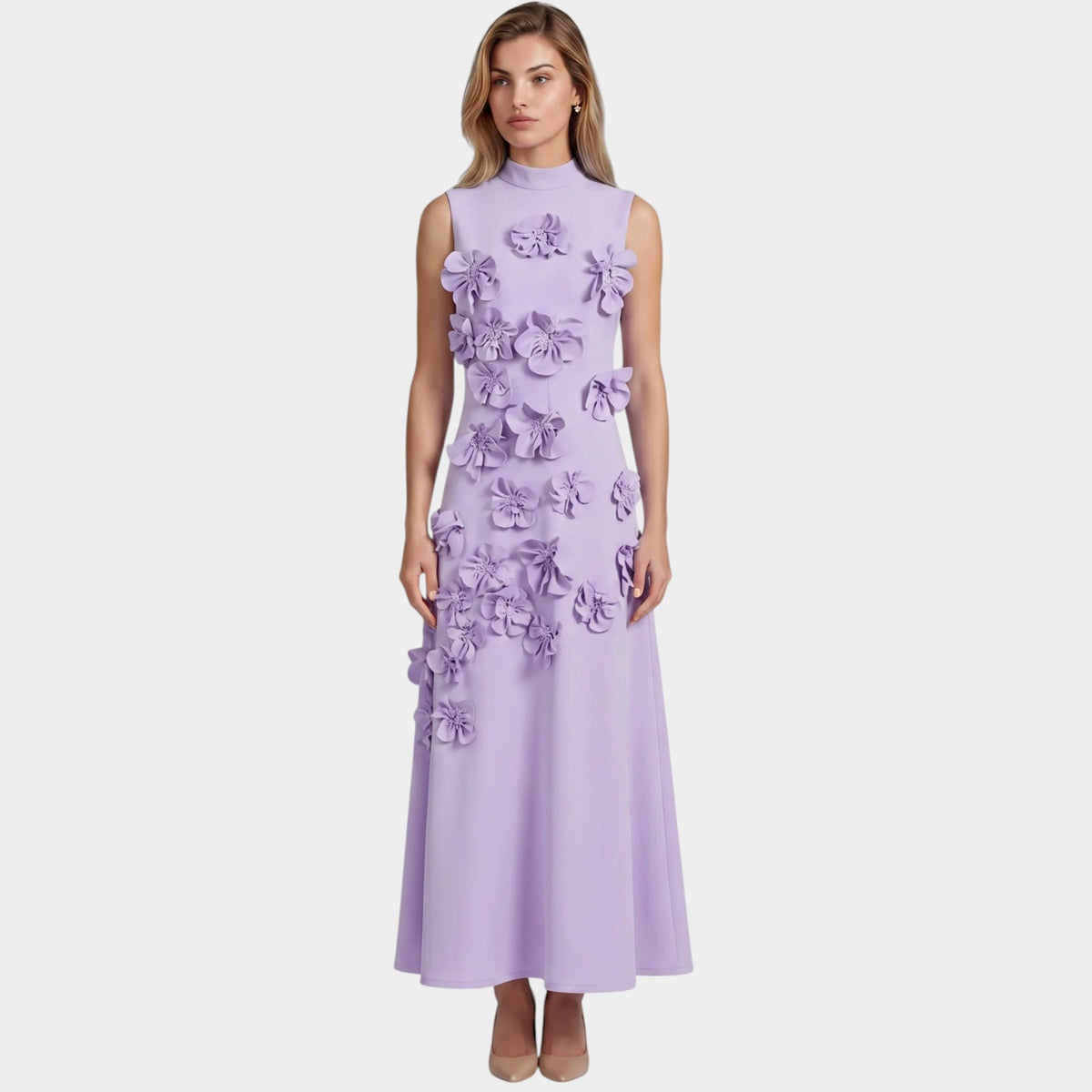 Women’s Floral Appliqué Maxi Dress with High Neck and Sleeveless Design