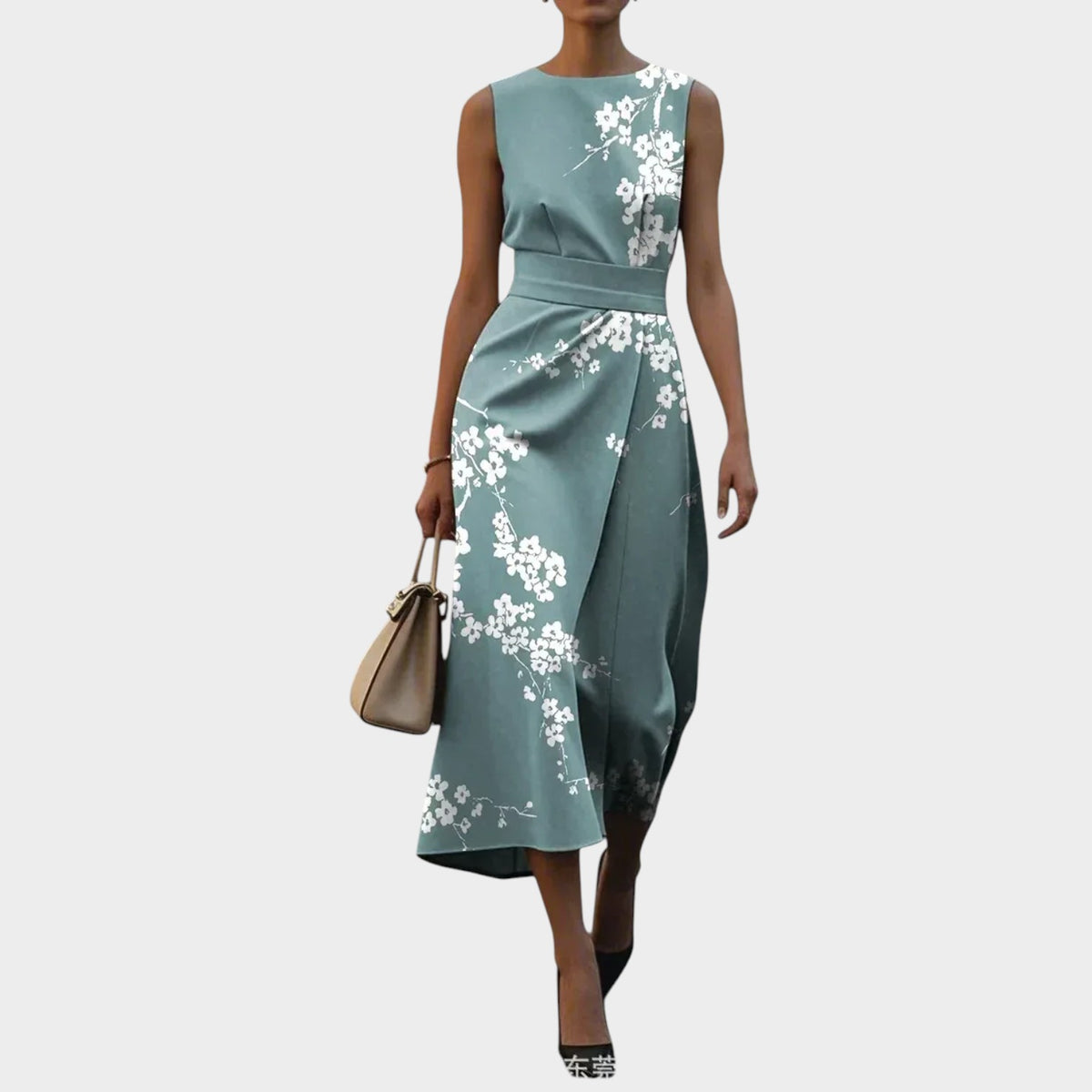 Women’s Sleeveless Midi Dress with Floral Pattern and Waist Detail