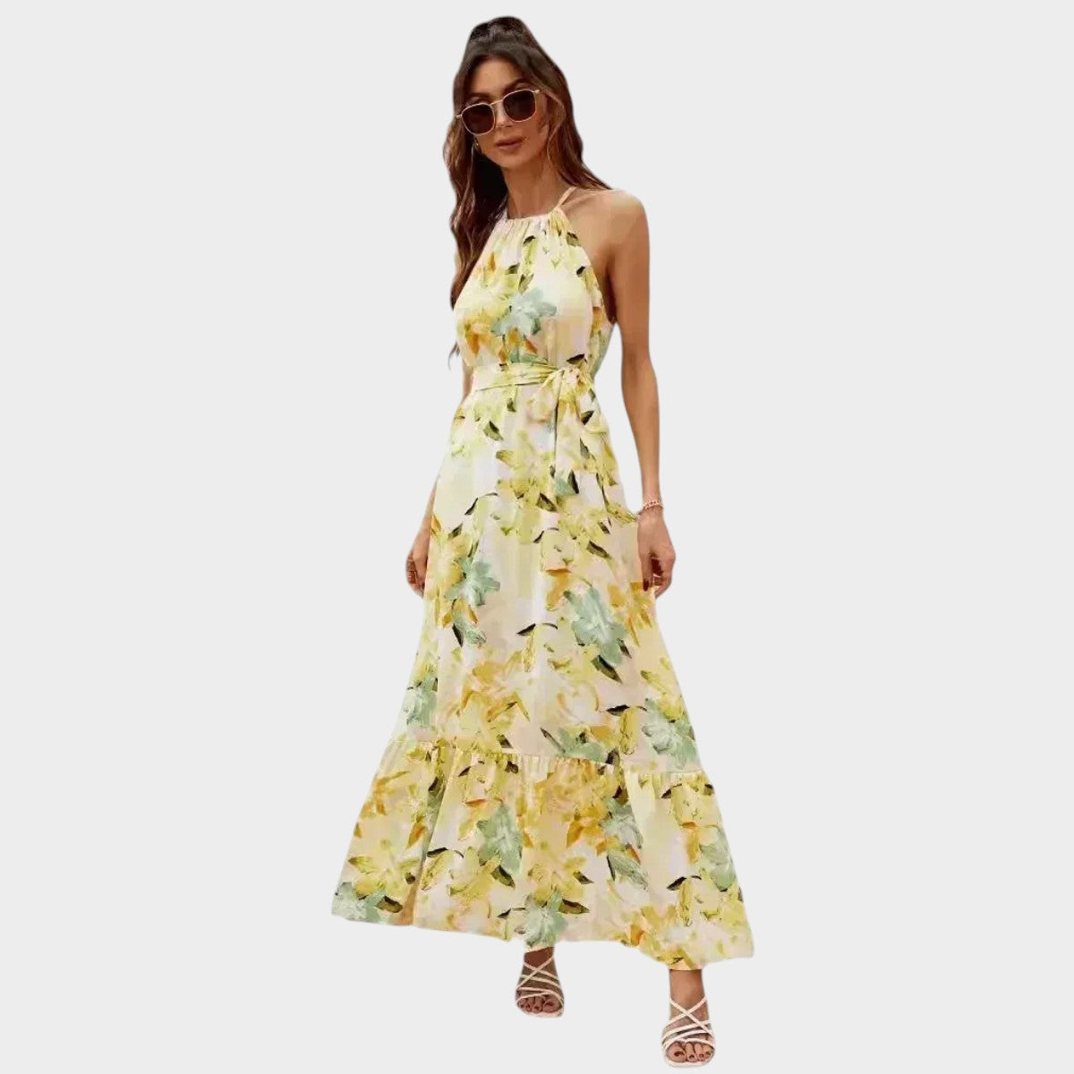 Women’s Floral Halter Neck Maxi Dress with Waist Tie and Tiered Skirt