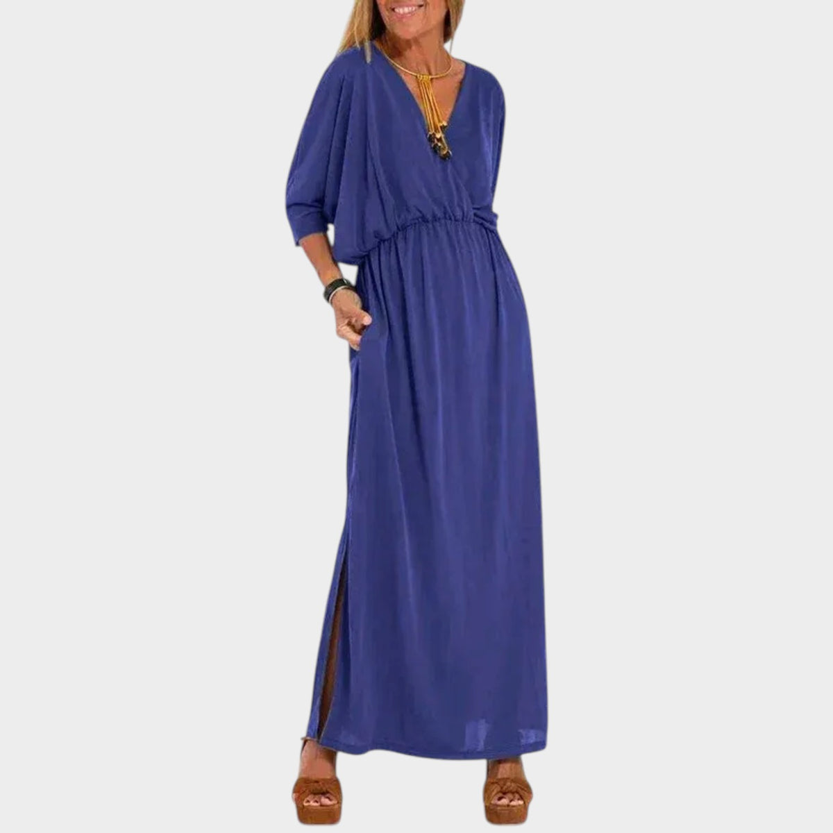 Women’s Vintage Maxi Dress with V-Neckline, Three-Quarter Sleeves and Side Slit