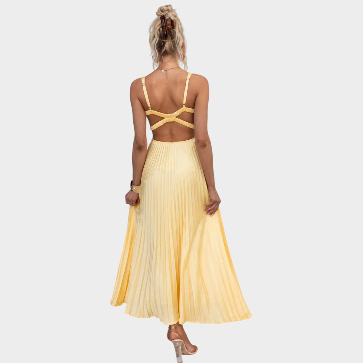 Women’s Yellow Pleated Maxi Dress V-Neck Sleeveless