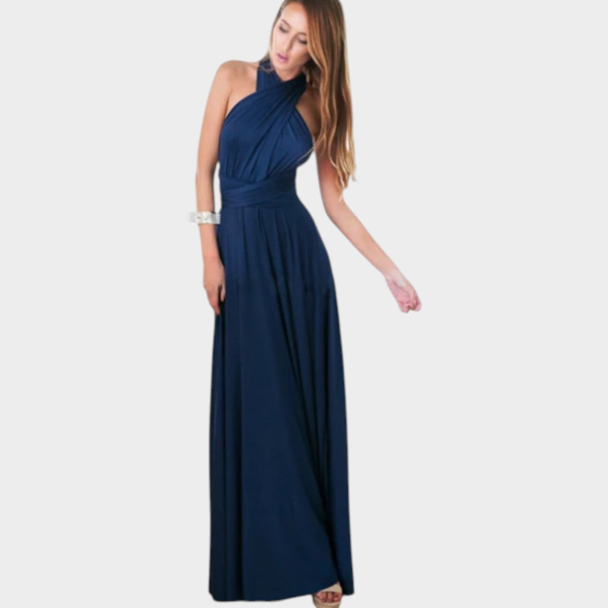 Women’s Convertible Maxi Wrap Dress with Deep V-Neck and Open Back