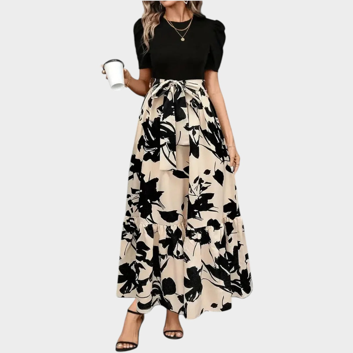 Women’s Tie-Waist Maxi Dress with Puff Sleeves and Abstract Print