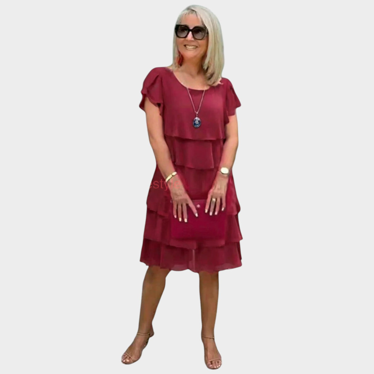 Women’s Layered Chiffon Midi Dress with Short Sleeves