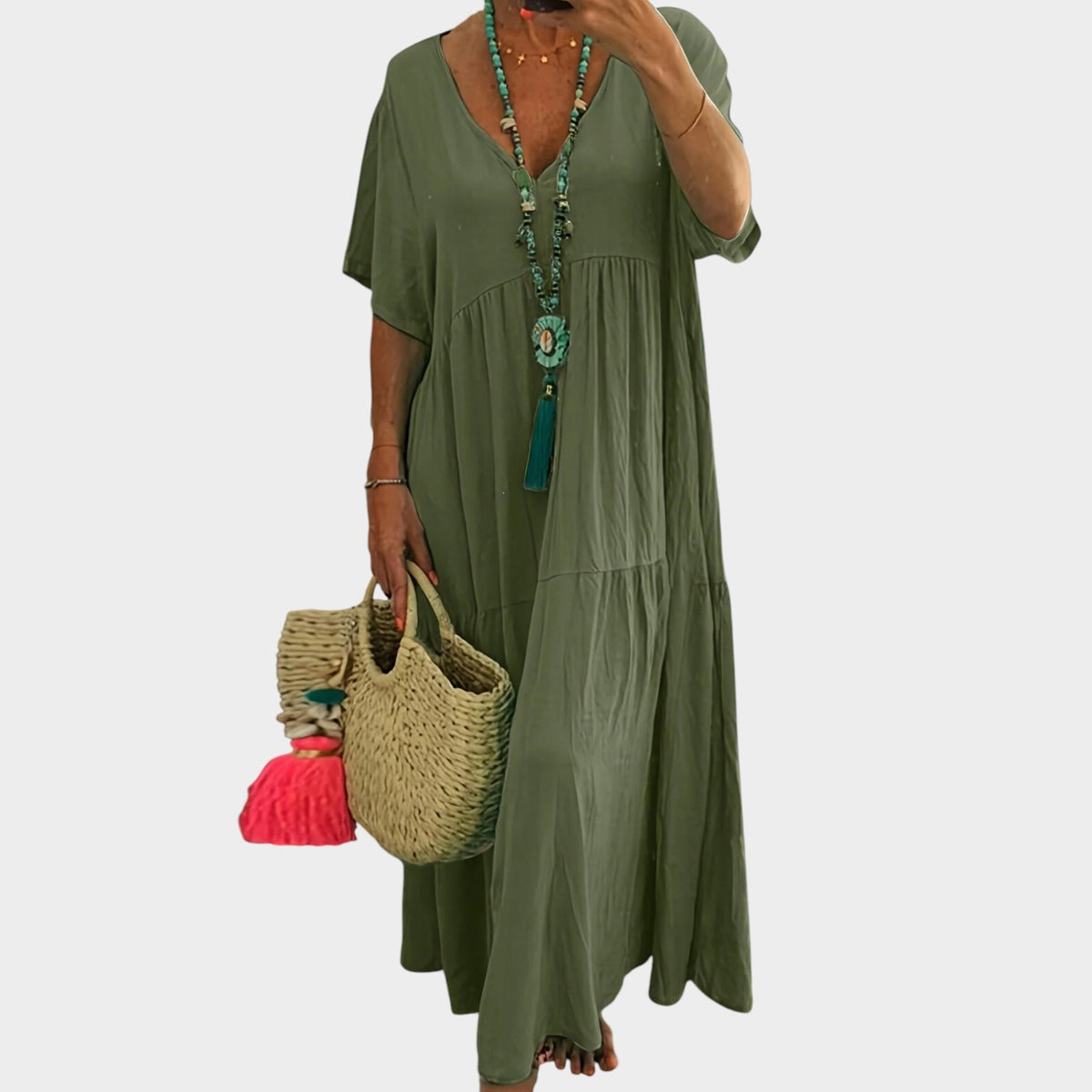Women's Plus Size Maxi Dress with Short Sleeves and Layered Ruffle Hem