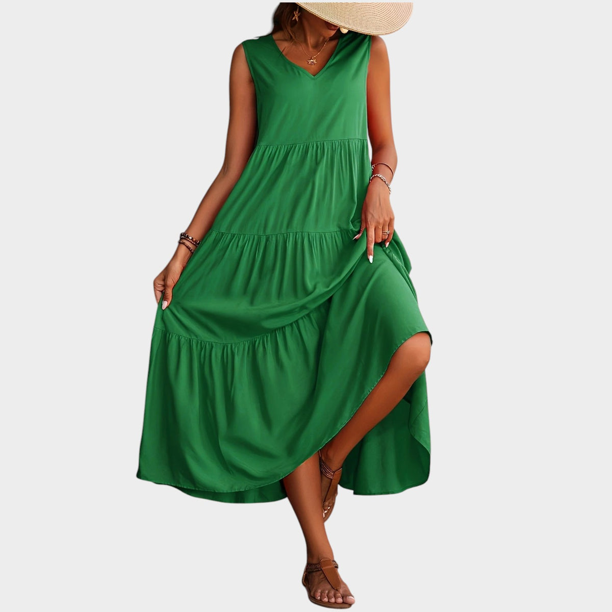 Women’s V-Neck Maxi Dress with Sleeveless Design and Tiered Skirt