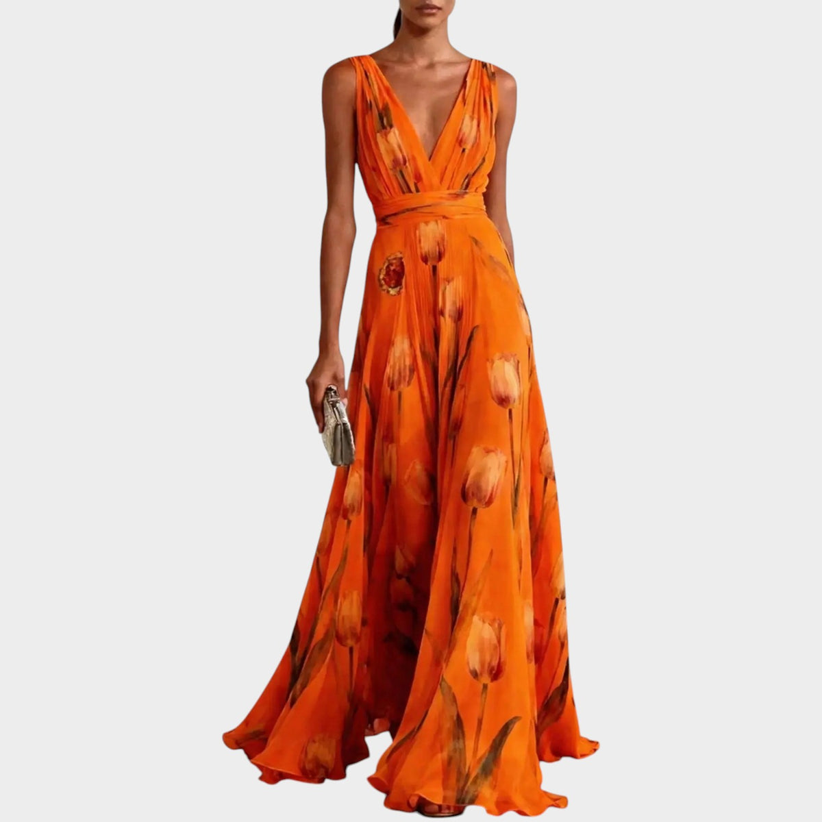 Women’s Floral Print Maxi Dress with Sleeveless Wrap Bodice and V-Neck