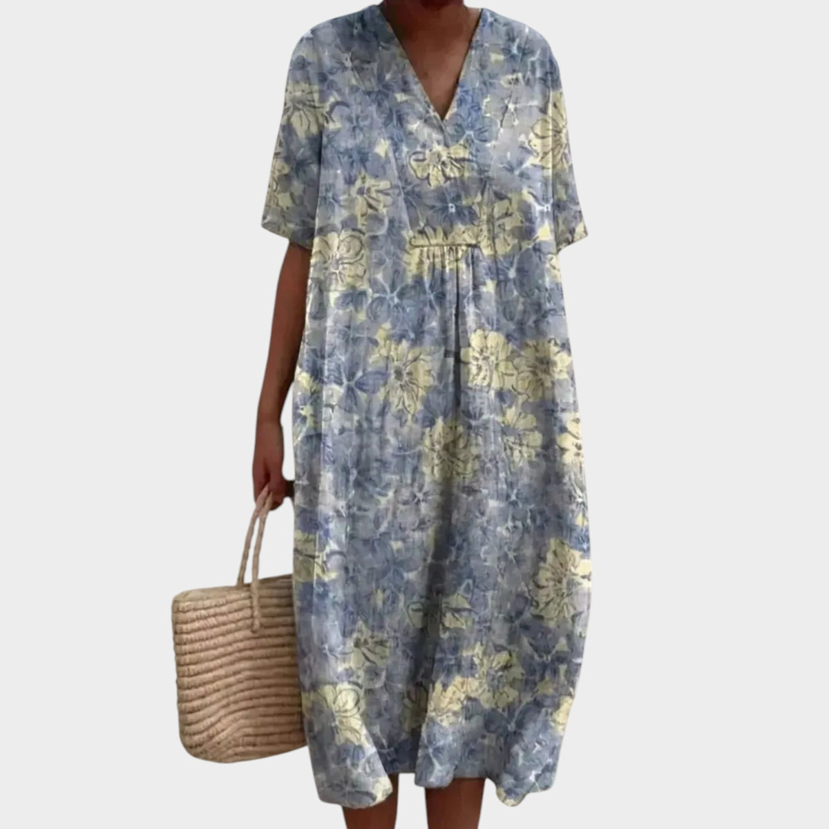 Women’s Floral Print Midi Dress with V-Neck and Short Sleeves