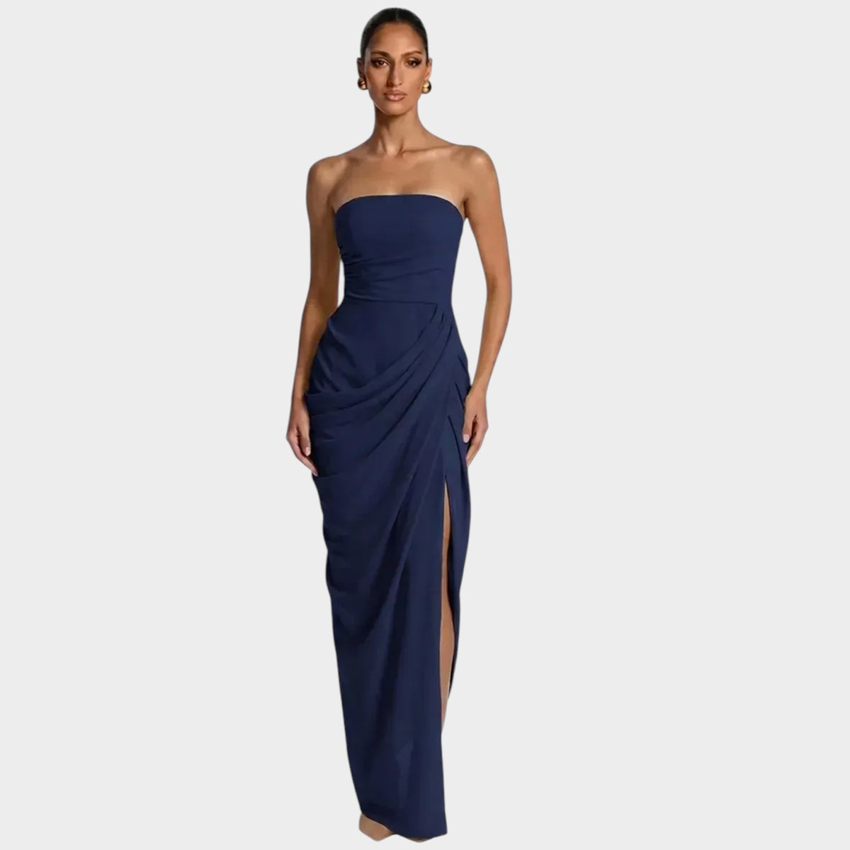 Women’s Strapless Maxi Dress with Draped Waist and Side Slit