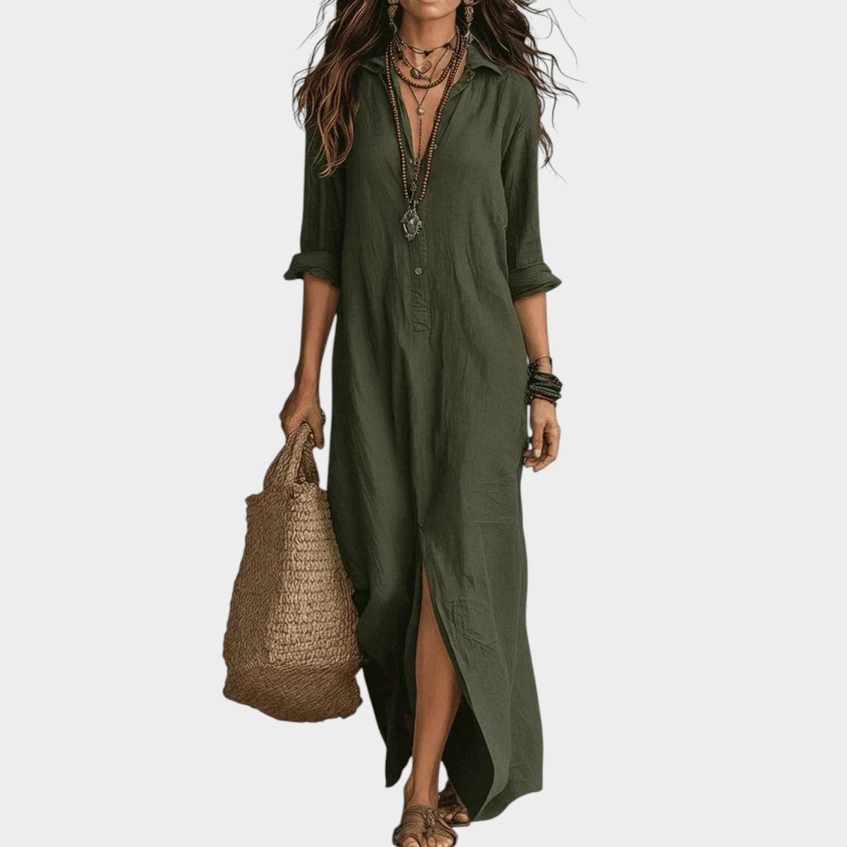Women’s Button-Down Maxi Shirt Dress with Collared Neckline and Long Sleeves