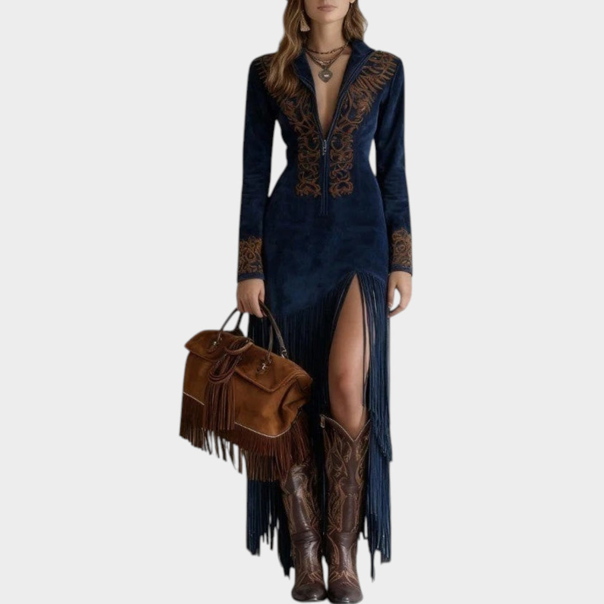 Women’s Western Maxi Dress with Embroidered Neckline and Side Slit