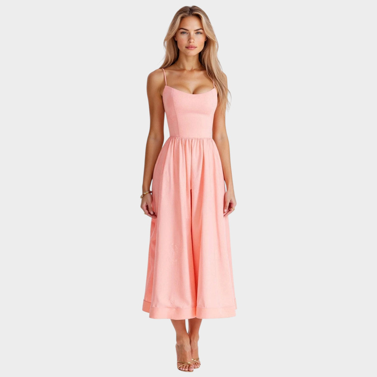 Women’s Sleeveless Midi Dress Square Neckline Flared Skirt