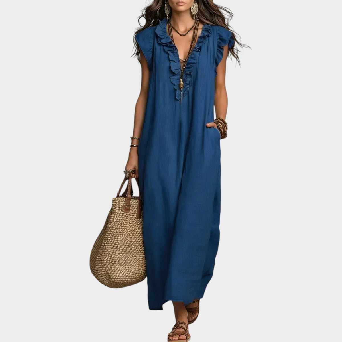 Women’s Linen Maxi Dress with Ruffle V-Neck and Sleeveless Design