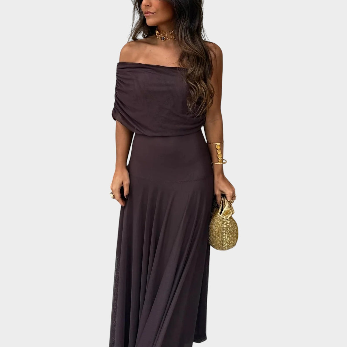 Women’s Off-Shoulder Maxi Dress with Short Sleeves and Sheer Overlay