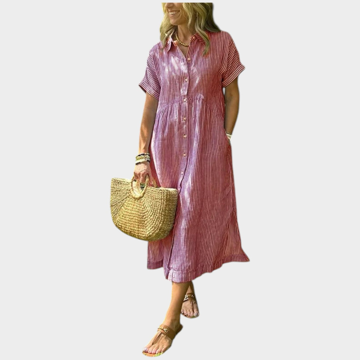 Women’s Striped Maxi Shirt Dress Lapel Collar Button Front