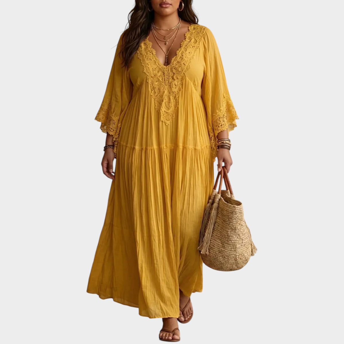 Women’s Lace Trim Maxi Dress with Deep V-Neck and Batwing Sleeves