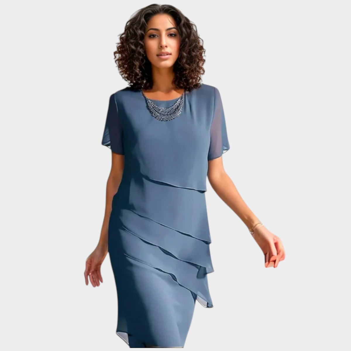 Women’s Layered Chiffon Midi Dress Short Sleeves