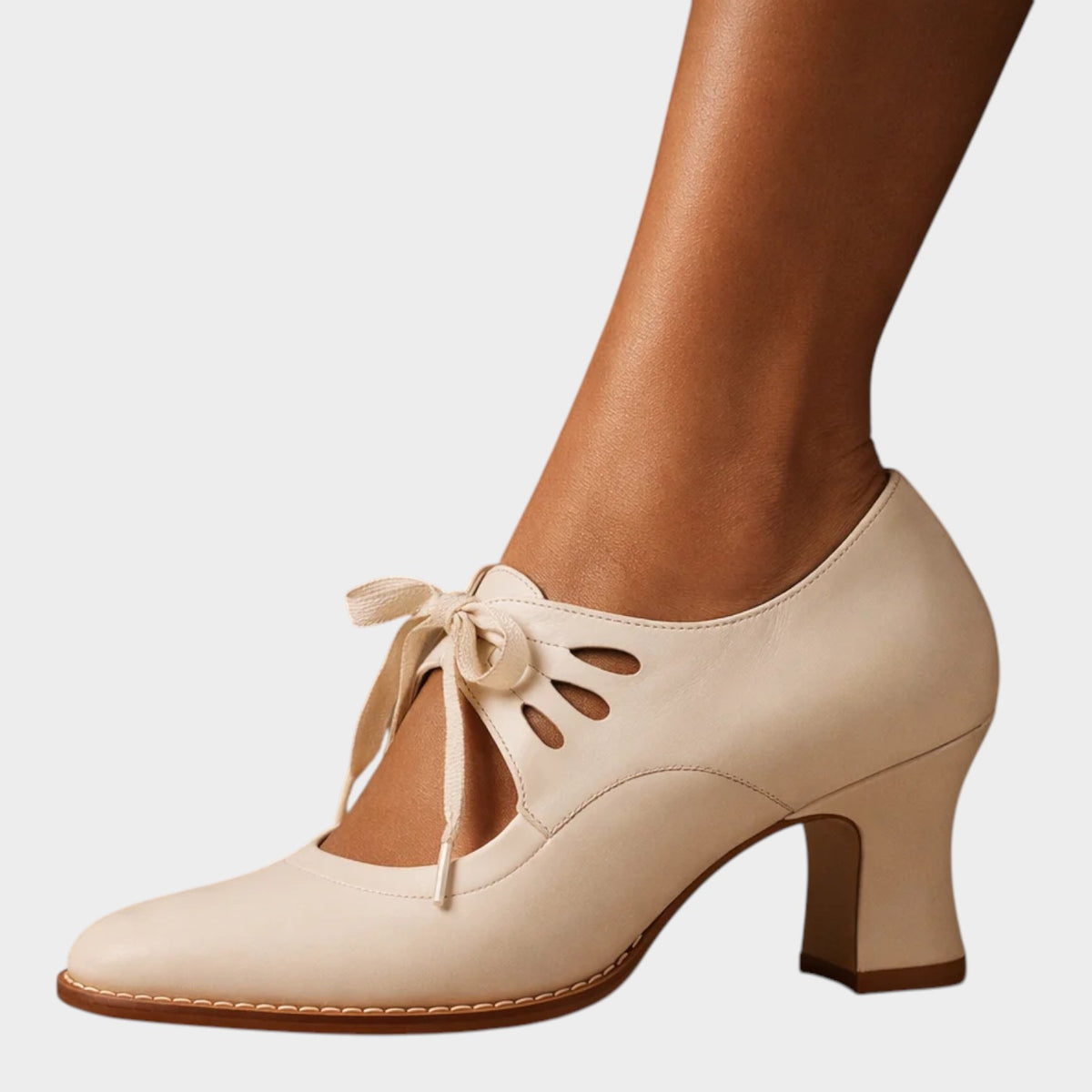 Women’s Leather Heels Almond Toe Lace-Up Mid-Heel