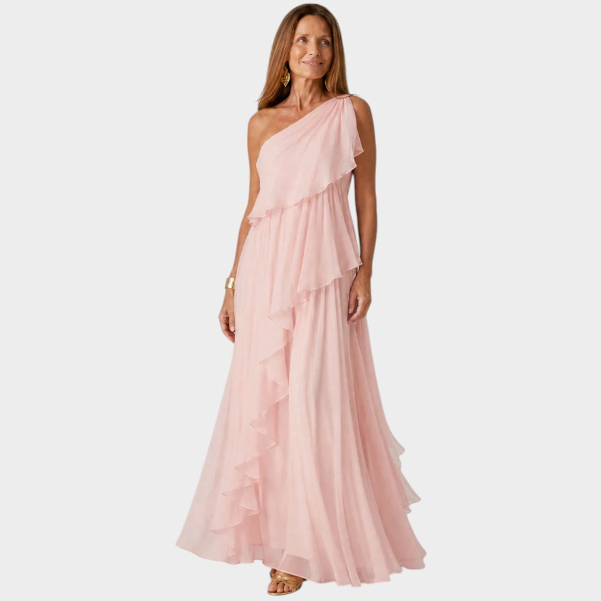 Women’s One-Shoulder Maxi Dress with Cascading Ruffles and Defined Waist