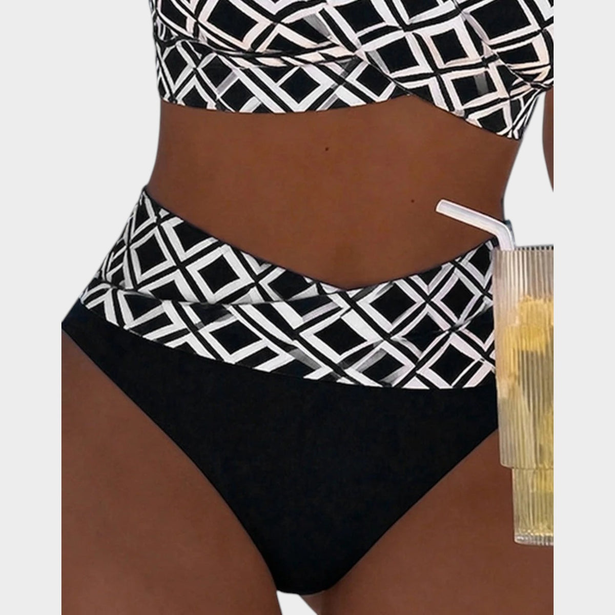 Women’s Bikini Set Check Print Wireless Bra High-Waisted Bottoms